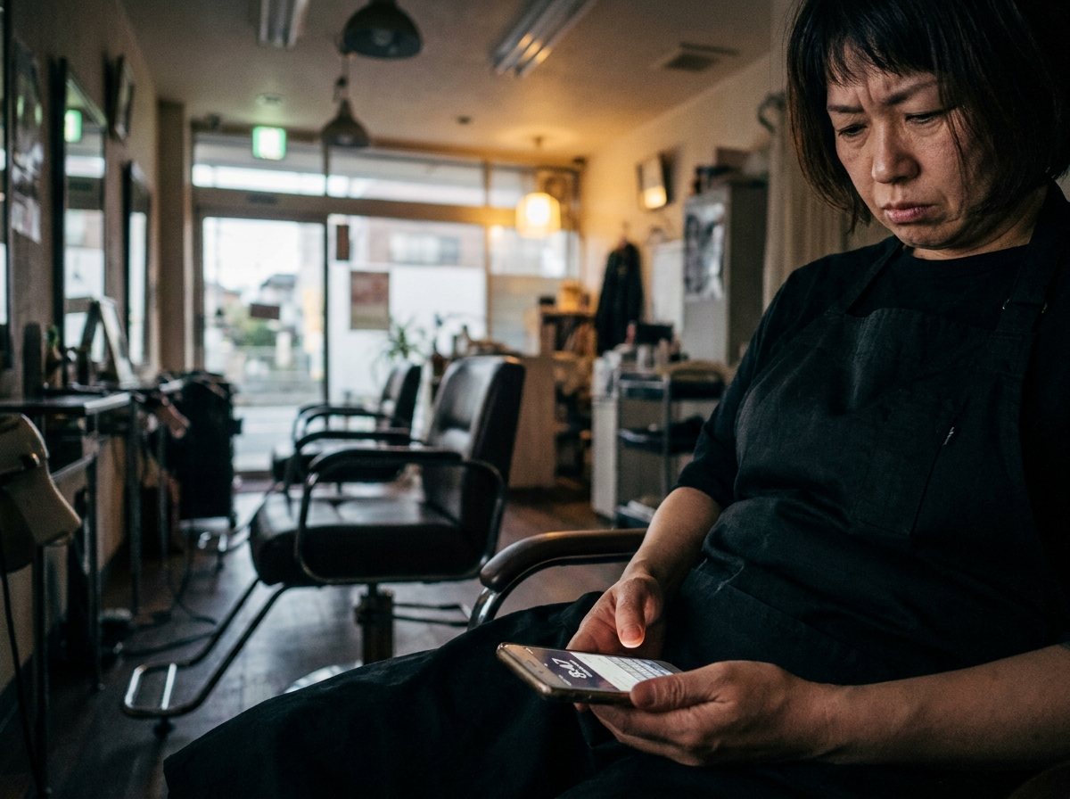 閉店後のサロンでスマホを見る美容室オーナー